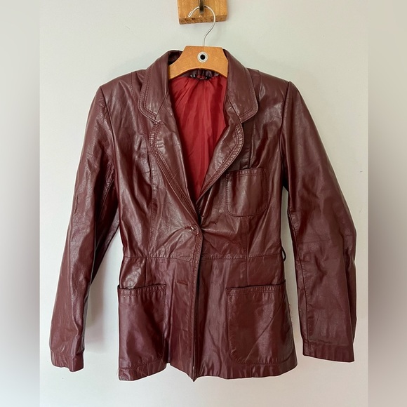Vintage 70s Red Maroon Leather Retro Fitted Blazer Jacket Burgundy - Picture 1 of 12